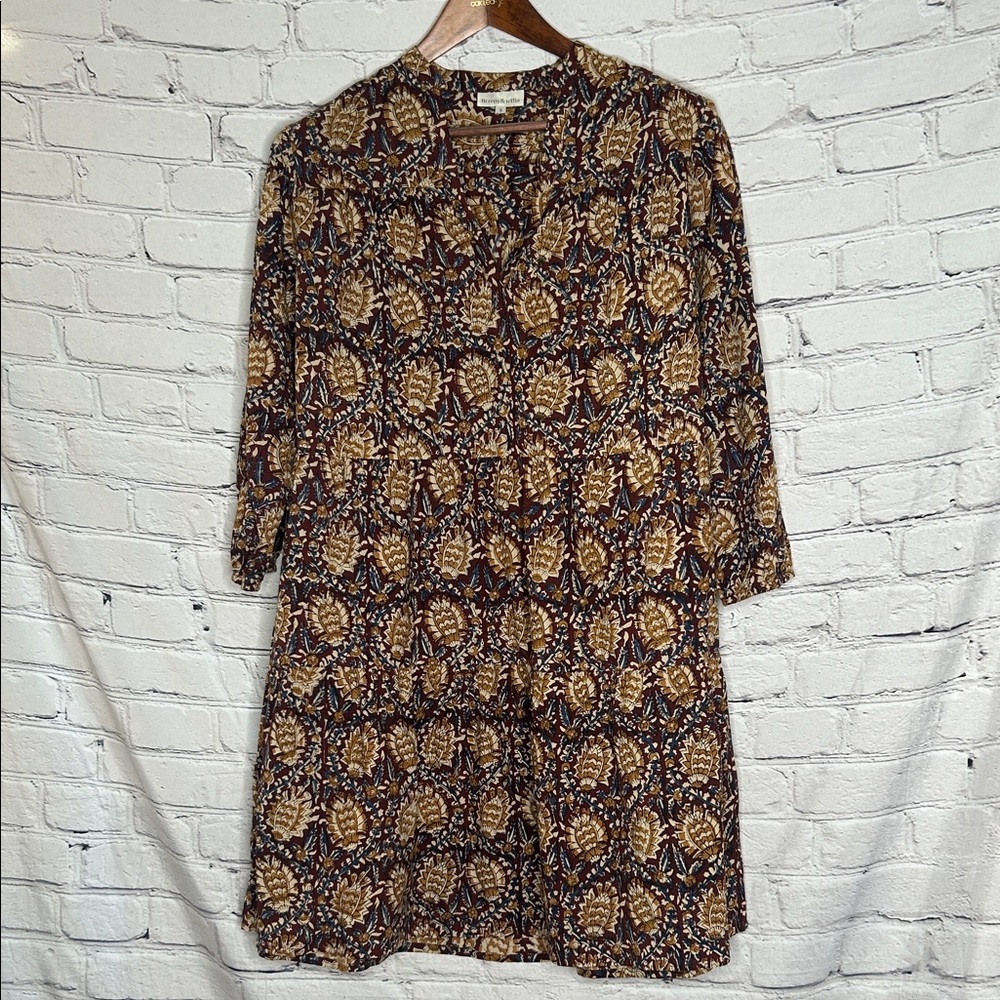 Fitzroy & Willa Long Sleeve Tiered Burgundy & Beige Dress Size Small